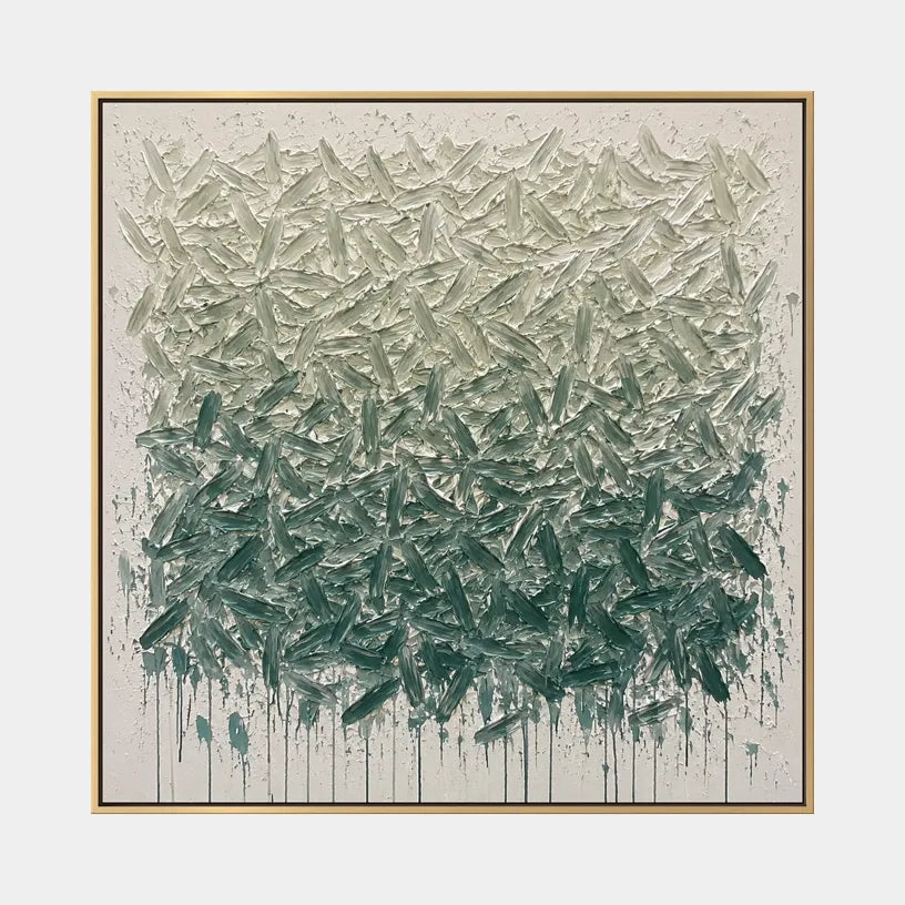 Wabi-Sabi abstract oil painting showing layered abstract marks, texture and expressive painterly movement in a green palette.