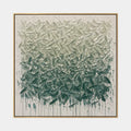 Peinture à l'huile abstraite et conceptuelle Wabi-Sabi présentant des marques abstraites superposées, une texture et un mouvement pictural expressif dans une palette verte.