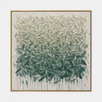 Wabi-Sabi abstract oil painting showing layered abstract marks, texture and expressive painterly movement in a green palette.