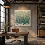 Wabi-Sabi abstract oil painting showing layered abstract marks, texture and expressive painterly movement in a green palette.