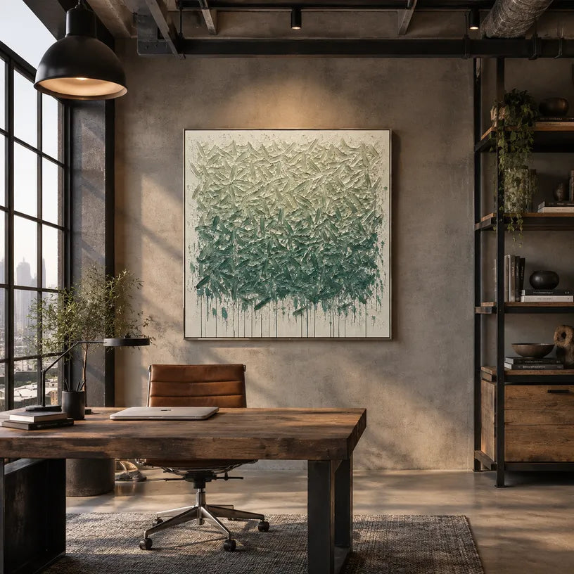 Wabi-Sabi abstract oil painting showing layered abstract marks, texture and expressive painterly movement in a green palette.