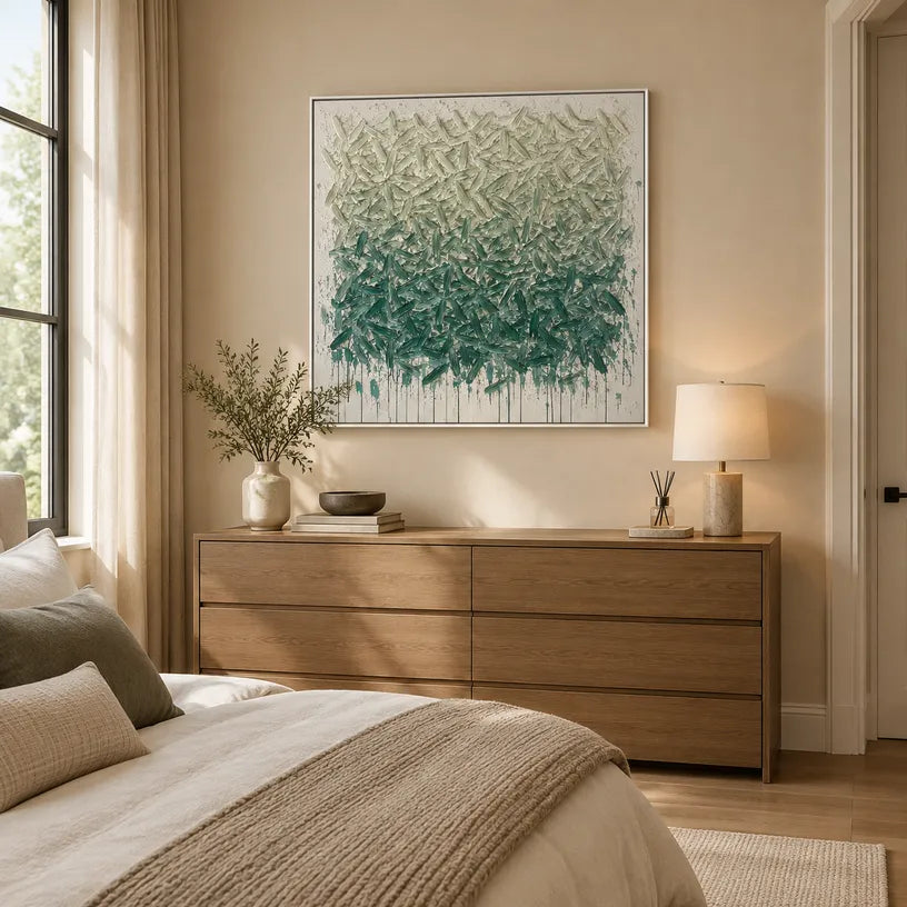 Wabi-Sabi abstract oil painting showing layered abstract marks, texture and expressive painterly movement in a green palette.