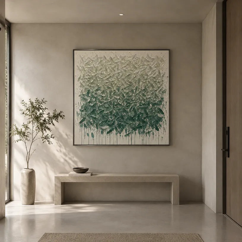 Wabi-Sabi abstract oil painting showing layered abstract marks, texture and expressive painterly movement in a green palette.