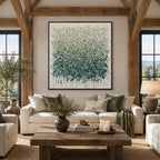 Wabi-Sabi abstract oil painting showing layered abstract marks, texture and expressive painterly movement in a green palette.