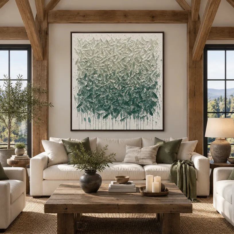Wabi-Sabi abstract oil painting showing layered abstract marks, texture and expressive painterly movement in a green palette.