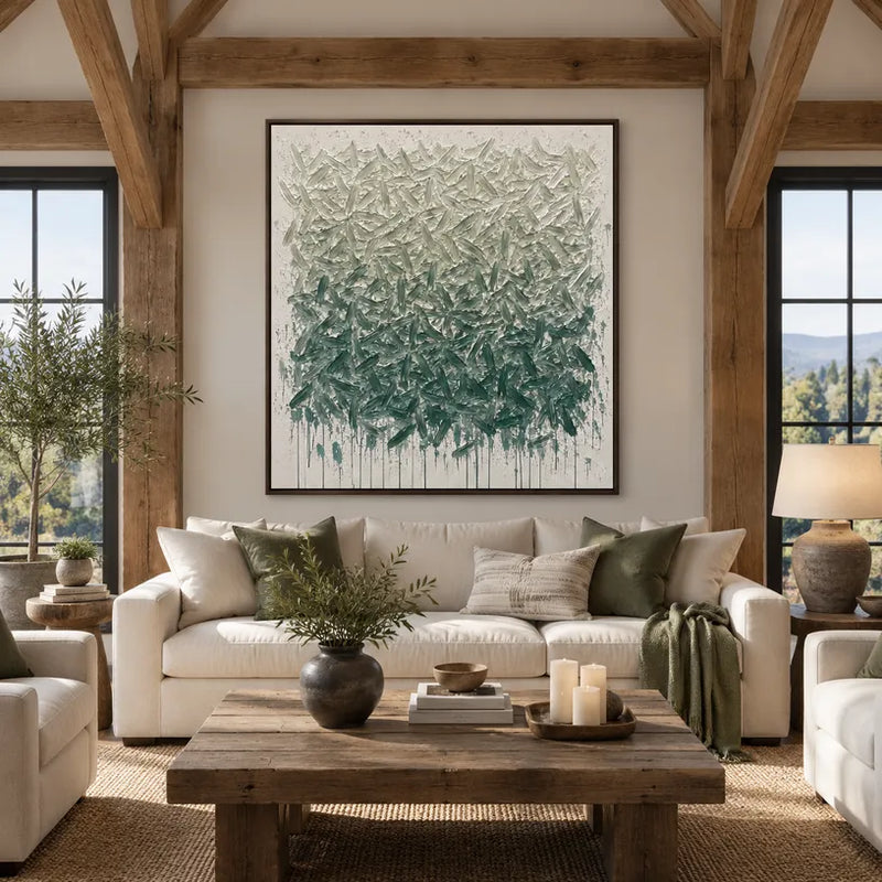 Peinture à l'huile abstraite et conceptuelle Wabi-Sabi présentant des marques abstraites superposées, une texture et un mouvement pictural expressif dans une palette verte.