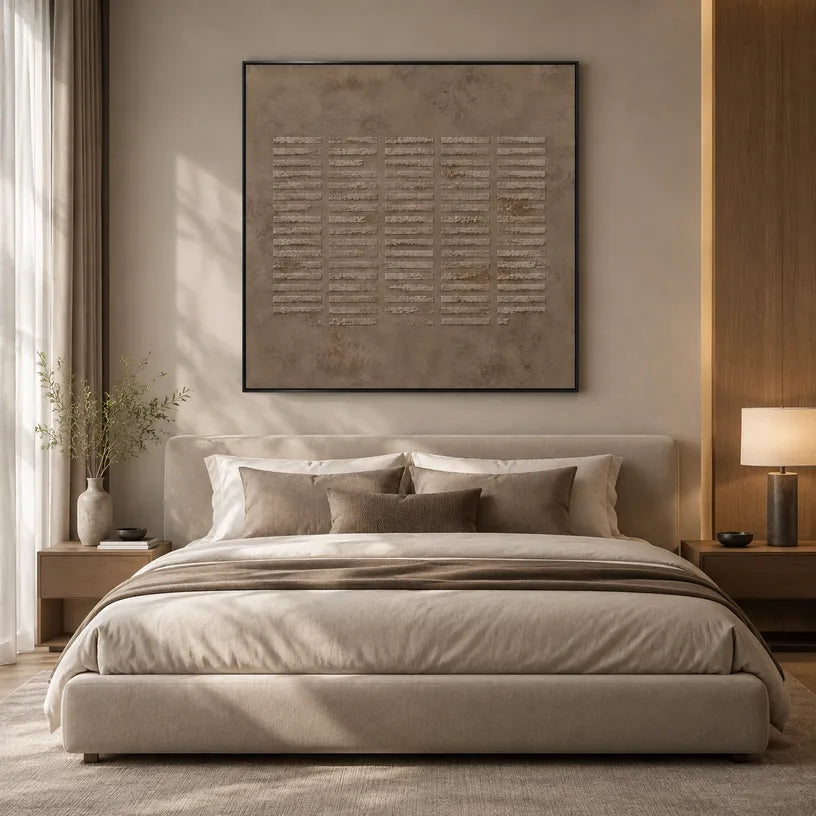 Wabi-Sabi abstract oil painting showing layered abstract marks, texture and expressive painterly movement in a brown palette.