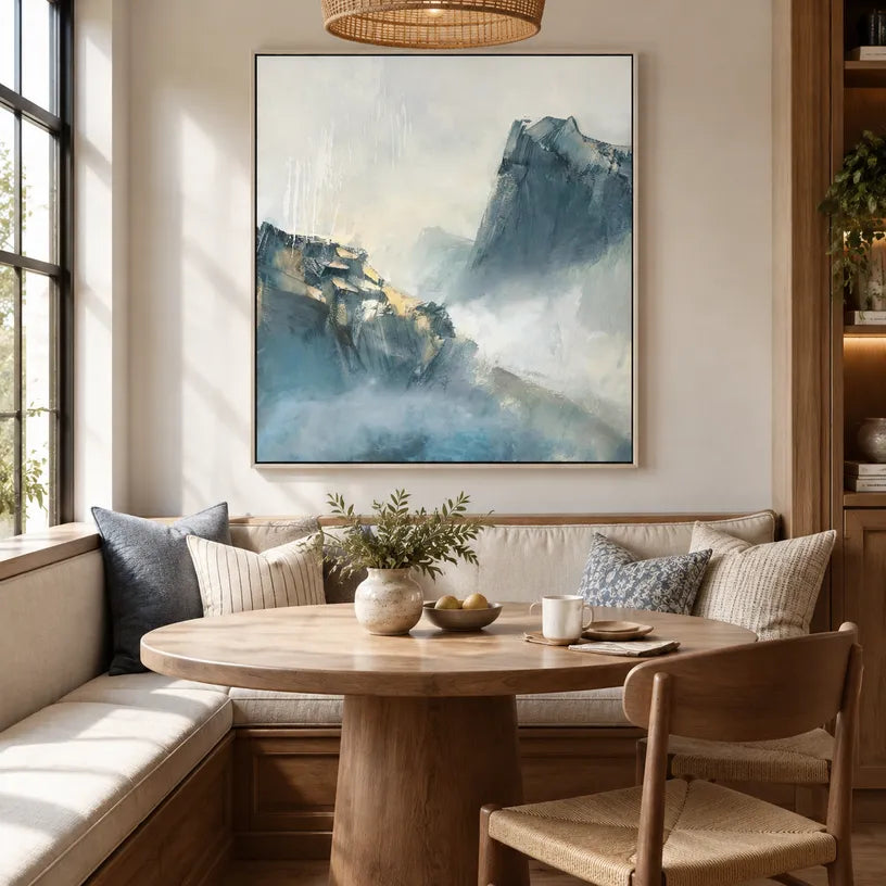 Wabi-Sabi abstract oil painting showing layered abstract marks, texture and expressive painterly movement in a blue palette.
