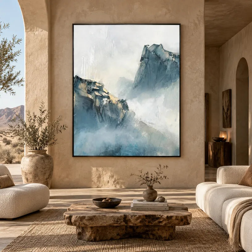 Wabi-Sabi abstract oil painting showing layered abstract marks, texture and expressive painterly movement in a blue palette.