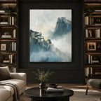 Wabi-Sabi abstract oil painting showing layered abstract marks, texture and expressive painterly movement in a blue palette.
