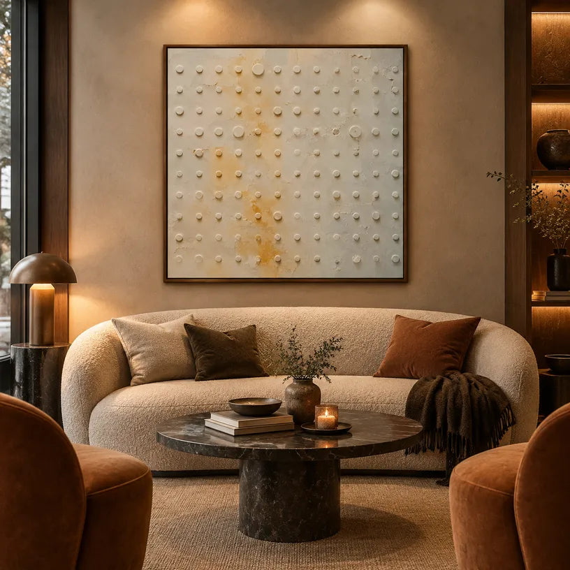 Wabi-Sabi abstract oil painting showing layered abstract marks, texture and expressive painterly movement in a brown palette.