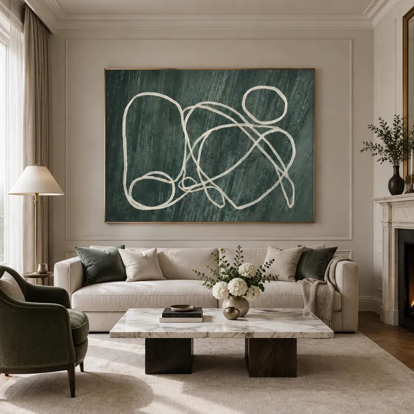 Wabi-Sabi abstract oil painting showing layered abstract marks, texture and expressive painterly movement in a green palette.