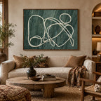 Wabi-Sabi abstract oil painting showing layered abstract marks, texture and expressive painterly movement in a green palette.