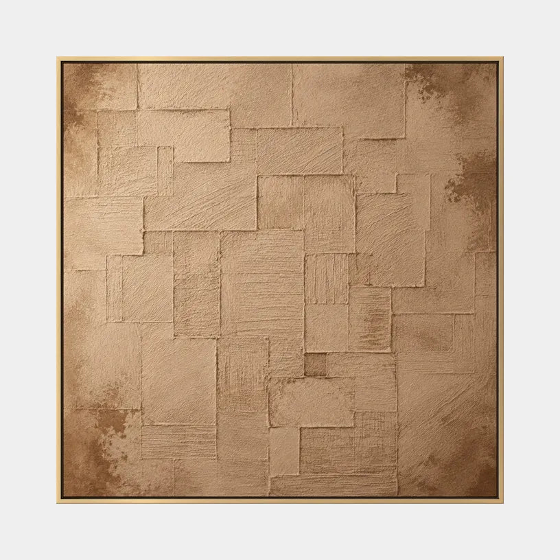 Wabi-Sabi abstract oil painting showing layered abstract marks, texture and expressive painterly movement in a brown palette.