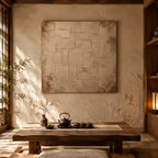 Wabi-Sabi abstract oil painting showing layered abstract marks, texture and expressive painterly movement in a brown palette.