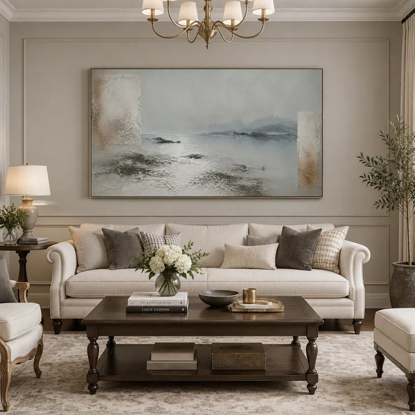 Wabi-Sabi abstract oil painting showing layered abstract marks, texture and expressive painterly movement in a grey palette.