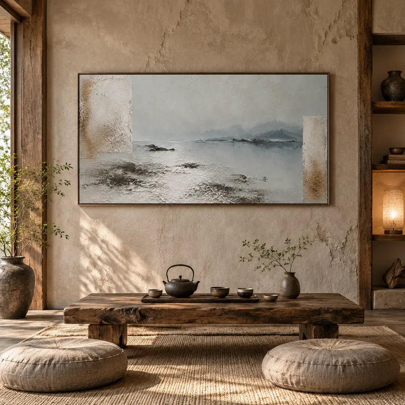 Wabi-Sabi abstract oil painting showing layered abstract marks, texture and expressive painterly movement in a grey palette.