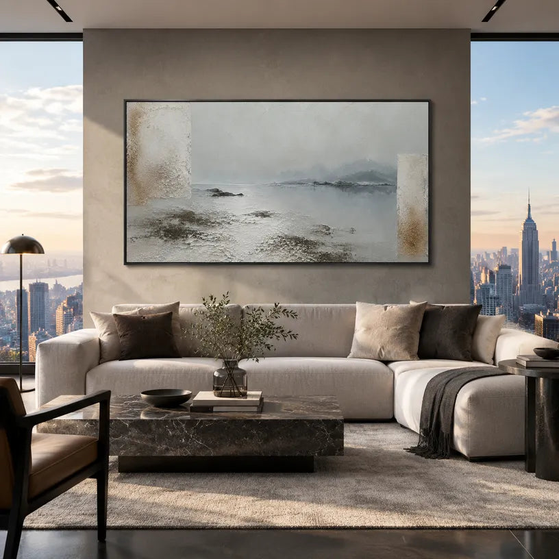 Wabi-Sabi abstract oil painting showing layered abstract marks, texture and expressive painterly movement in a grey palette.