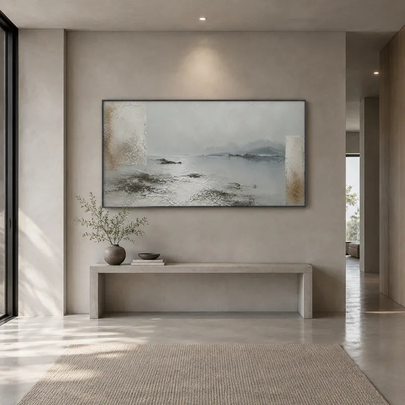 Wabi-Sabi abstract oil painting showing layered abstract marks, texture and expressive painterly movement in a grey palette.