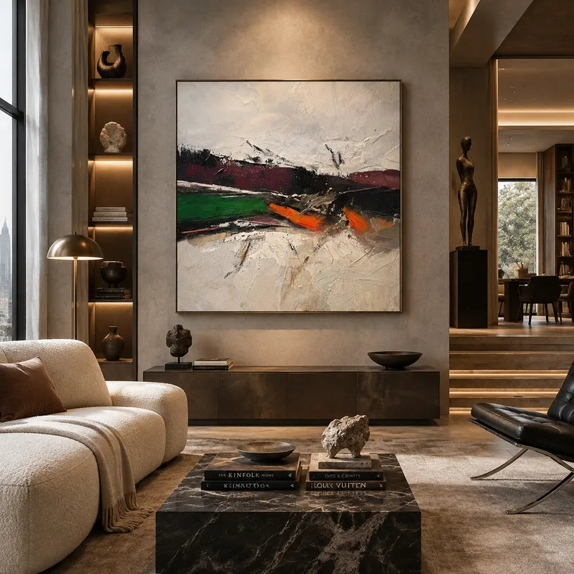 Wabi-Sabi abstract oil painting showing layered abstract marks, texture and expressive painterly movement.