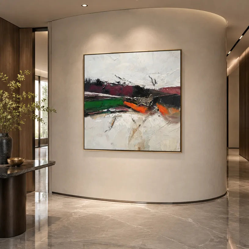 Wabi-Sabi abstract oil painting showing layered abstract marks, texture and expressive painterly movement.