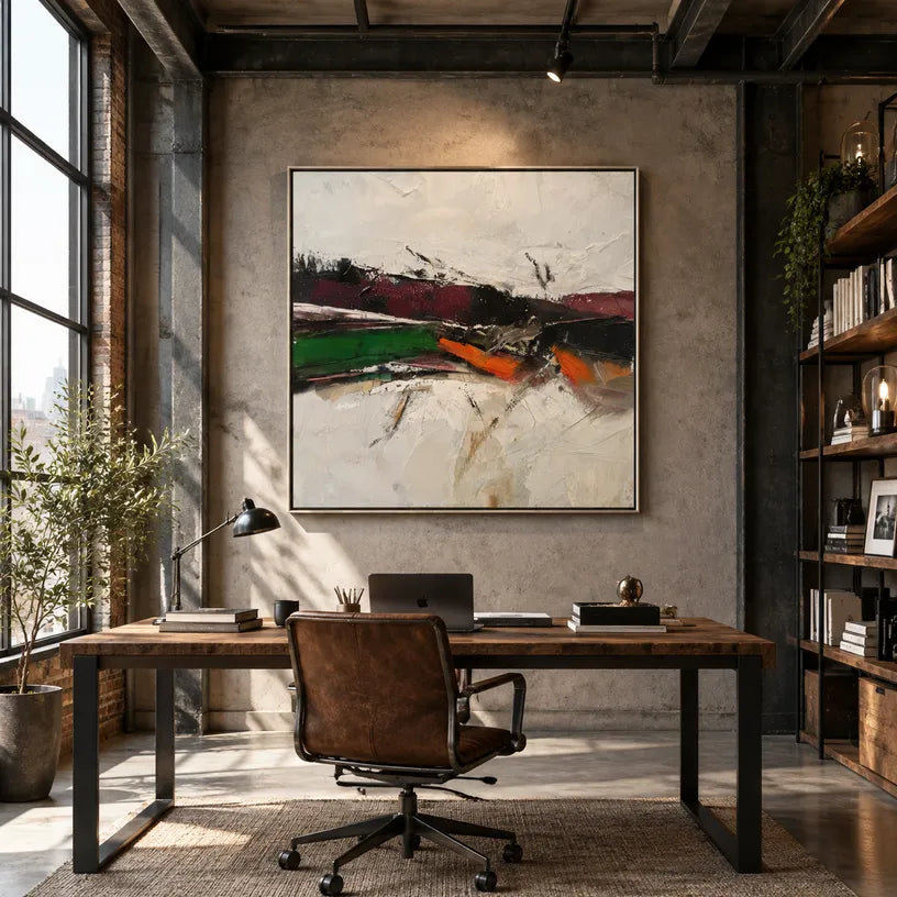 Wabi-Sabi abstract oil painting showing layered abstract marks, texture and expressive painterly movement.