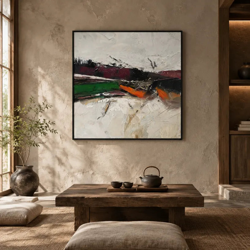 Wabi-Sabi abstract oil painting showing layered abstract marks, texture and expressive painterly movement.