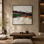 Wabi-Sabi abstract oil painting showing layered abstract marks, texture and expressive painterly movement.