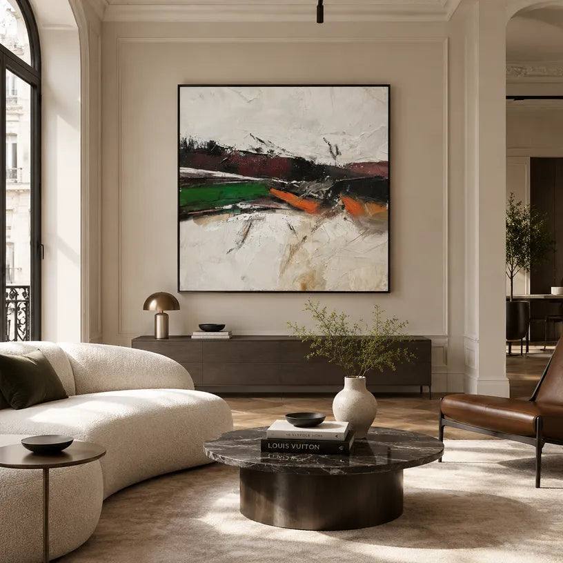 Wabi-Sabi abstract oil painting showing layered abstract marks, texture and expressive painterly movement.