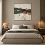 Wabi-Sabi abstract oil painting showing layered abstract marks, texture and expressive painterly movement.