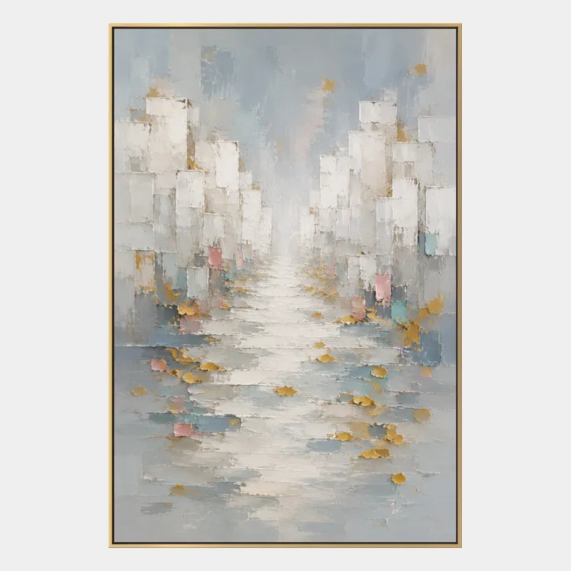 Wabi-Sabi abstract oil painting showing layered abstract marks, texture and expressive painterly movement in a grey palette.