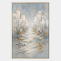 Pittura a olio di paesaggi Wabi-Sabi, paesaggi marini e paesaggi urbani con un paesaggio atmosferico, un paesaggio marino o una composizione ispirata alla città in una tavolozza di grigi.