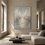 Wabi-Sabi abstract oil painting showing layered abstract marks, texture and expressive painterly movement in a grey palette.