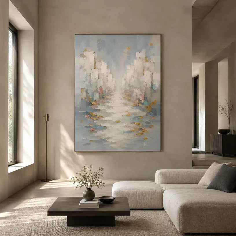 Wabi-Sabi abstract oil painting showing layered abstract marks, texture and expressive painterly movement in a grey palette.