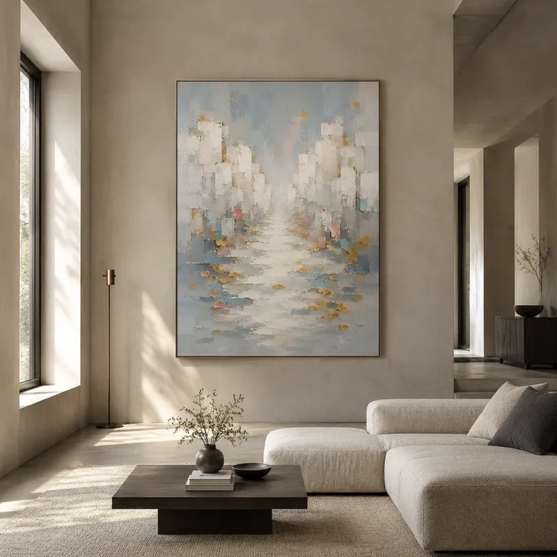 Pittura a olio di paesaggi Wabi-Sabi, paesaggi marini e paesaggi urbani con un paesaggio atmosferico, un paesaggio marino o una composizione ispirata alla città in una tavolozza di grigi.