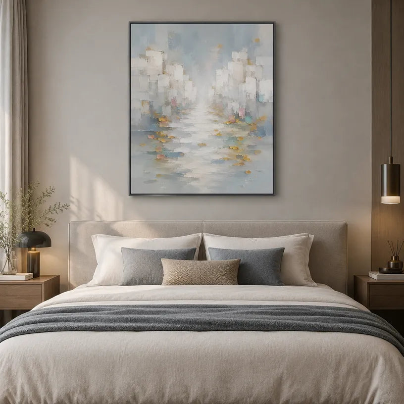 Wabi-Sabi abstract oil painting showing layered abstract marks, texture and expressive painterly movement in a grey palette.