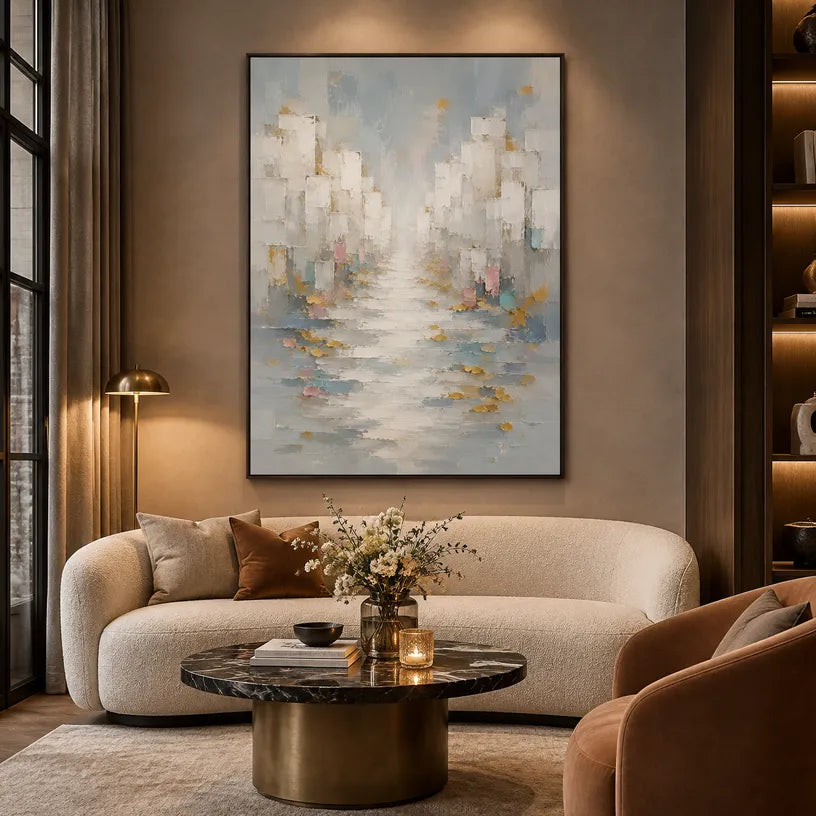 Wabi-Sabi abstract oil painting showing layered abstract marks, texture and expressive painterly movement in a grey palette.