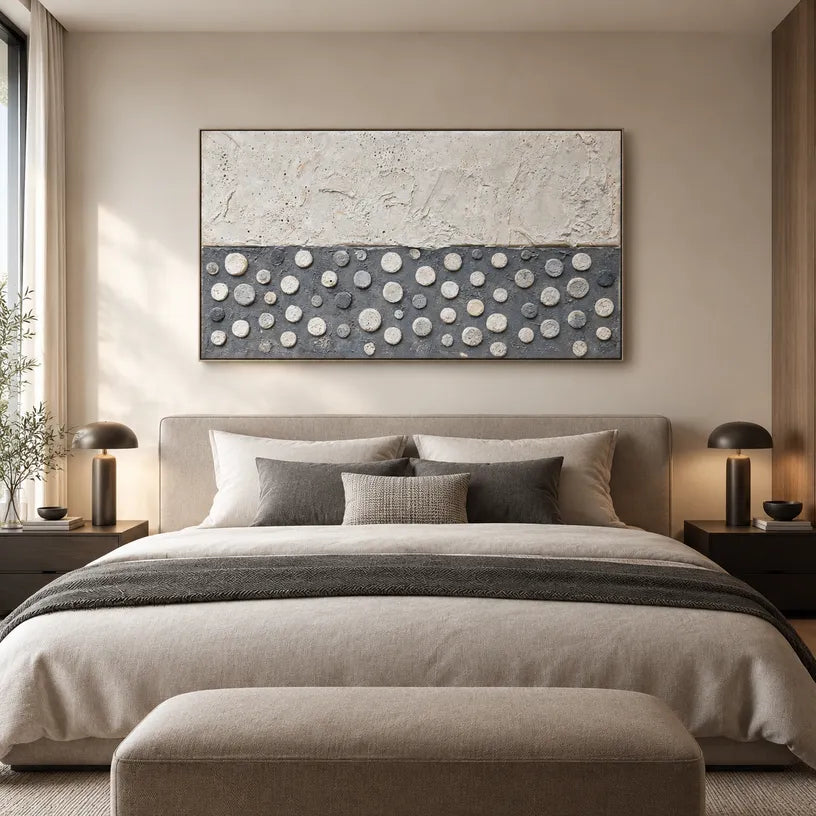 Wabi-Sabi abstract oil painting showing layered abstract marks, texture and expressive painterly movement in a grey palette.