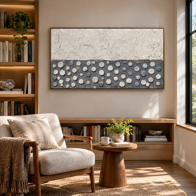 Wabi-Sabi abstract oil painting showing layered abstract marks, texture and expressive painterly movement in a grey palette.