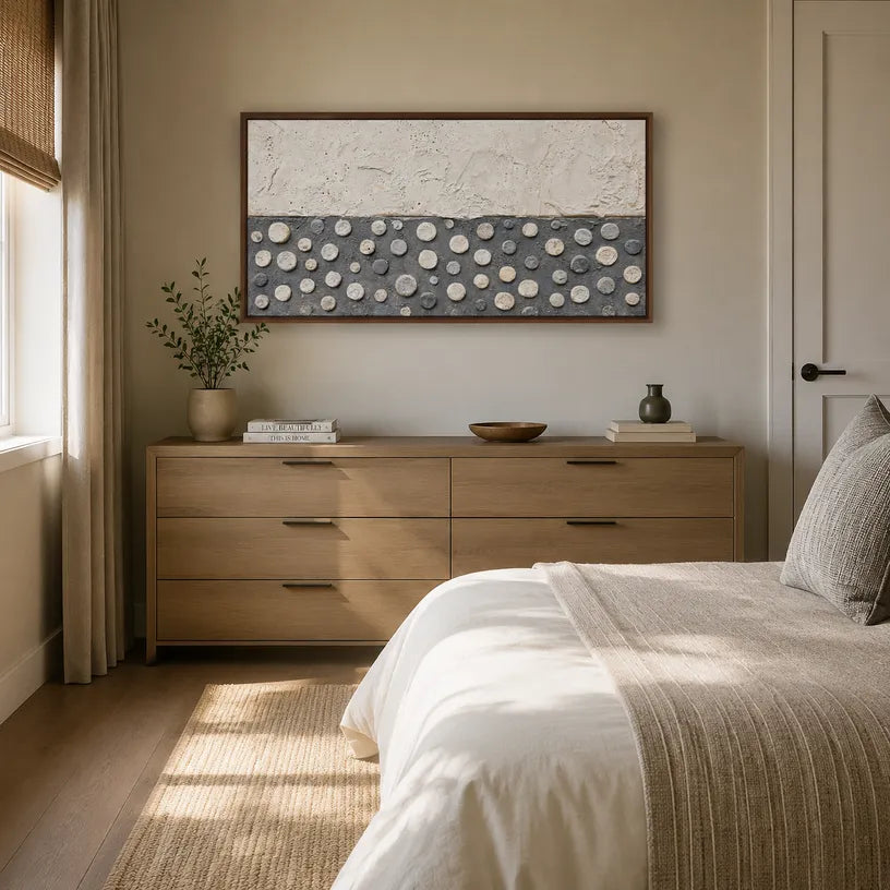 Wabi-Sabi abstract oil painting showing layered abstract marks, texture and expressive painterly movement in a grey palette.
