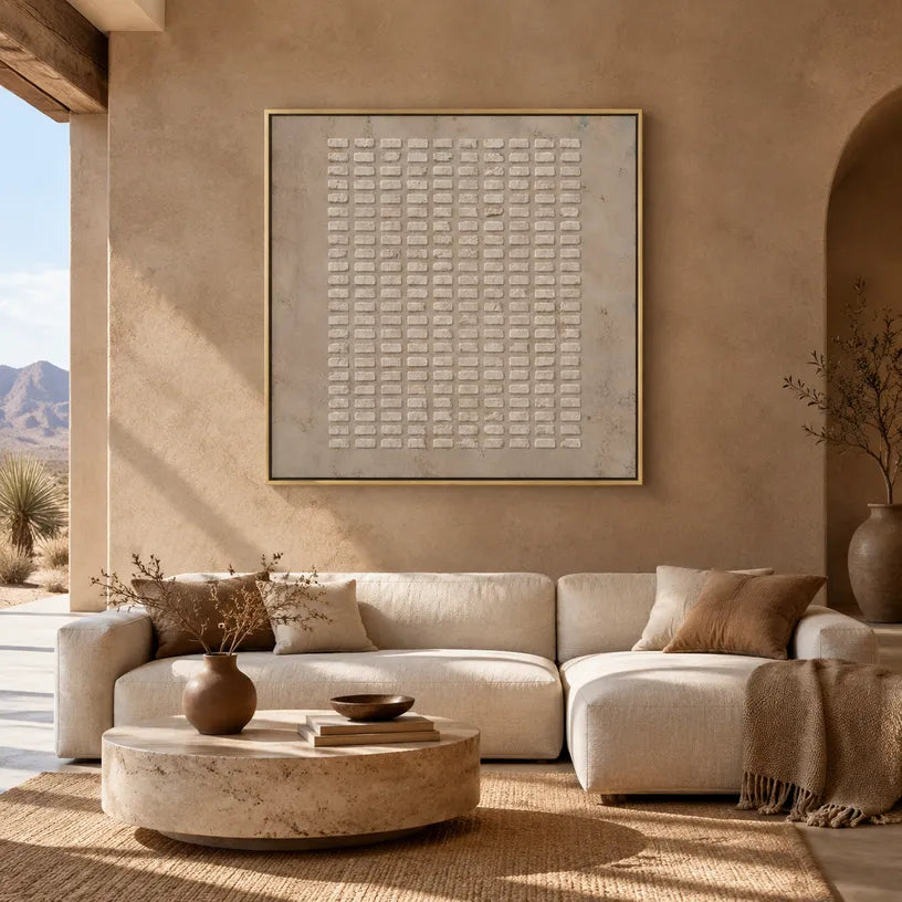Wabi-Sabi abstract oil painting showing layered abstract marks, texture and expressive painterly movement in a brown palette.