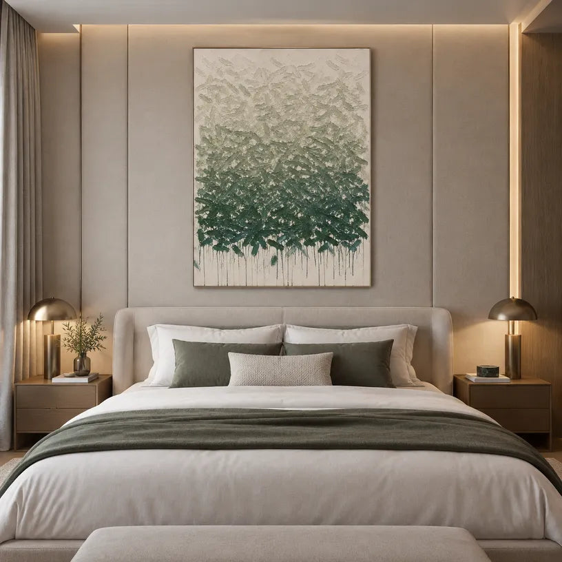 Wabi-Sabi abstract oil painting showing layered abstract marks, texture and expressive painterly movement in a beige palette.