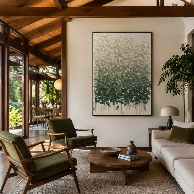 Wabi-Sabi abstract oil painting showing layered abstract marks, texture and expressive painterly movement in a beige palette.