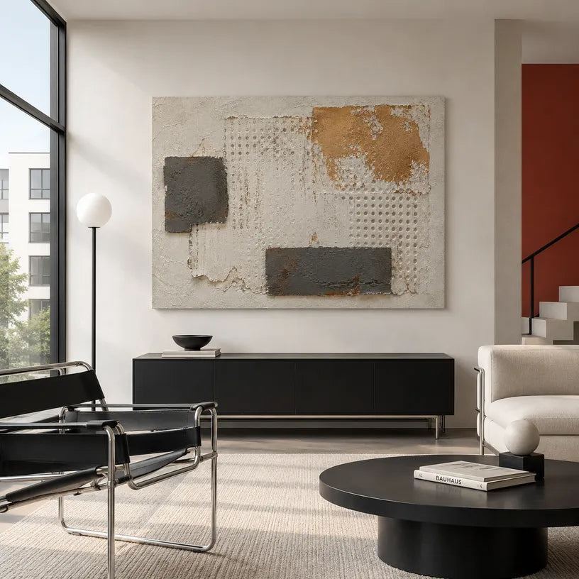 Wabi-Sabi abstract oil painting showing layered abstract marks, texture and expressive painterly movement in a brown palette.
