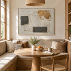 Wabi-Sabi abstract oil painting showing layered abstract marks, texture and expressive painterly movement in a brown palette.