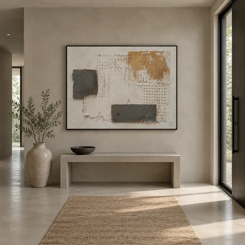 Wabi-Sabi abstract oil painting showing layered abstract marks, texture and expressive painterly movement in a brown palette.