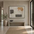 Wabi-Sabi abstract oil painting showing layered abstract marks, texture and expressive painterly movement in a brown palette.
