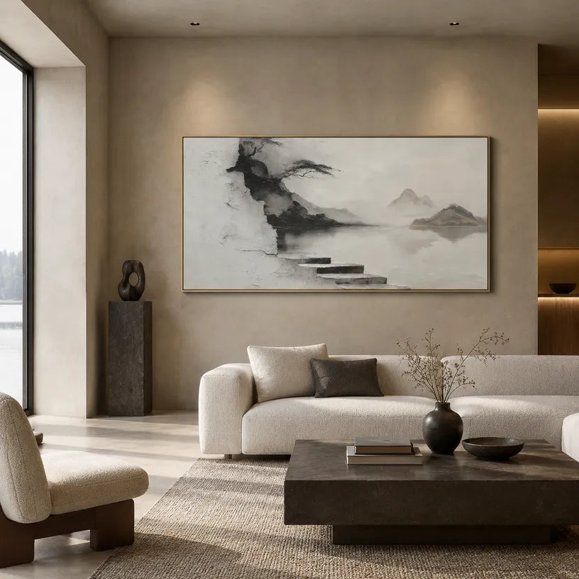 Wabi-Sabi abstract oil painting showing layered abstract marks, texture and expressive painterly movement in a grey palette.