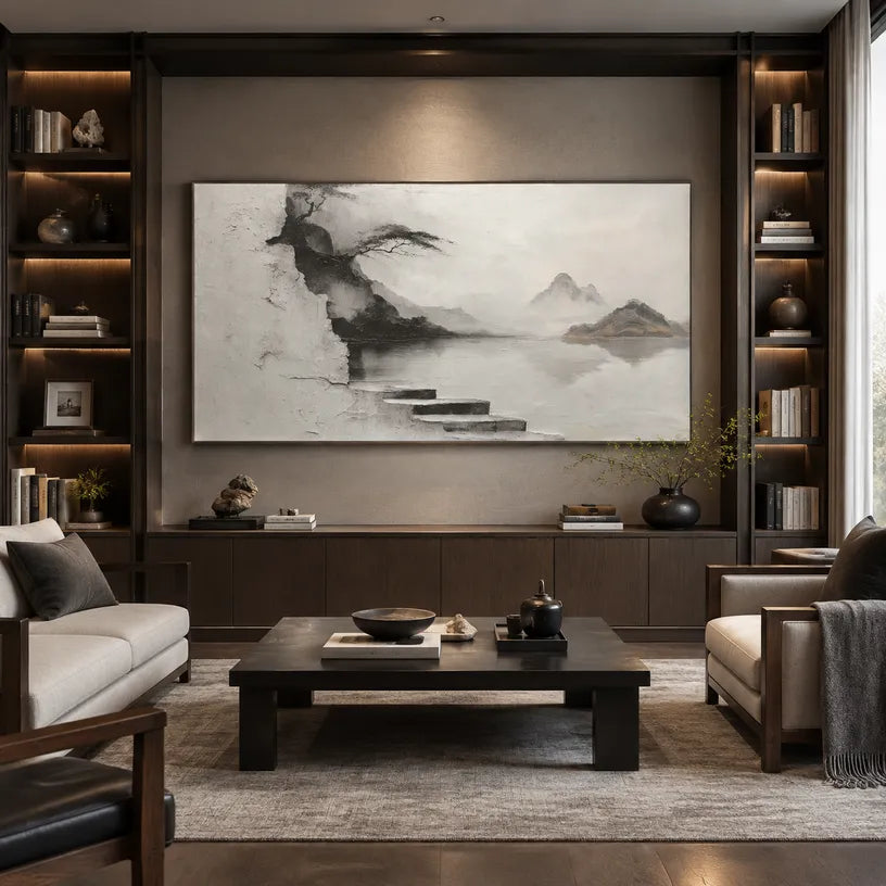 Wabi-Sabi abstract oil painting showing layered abstract marks, texture and expressive painterly movement in a grey palette.