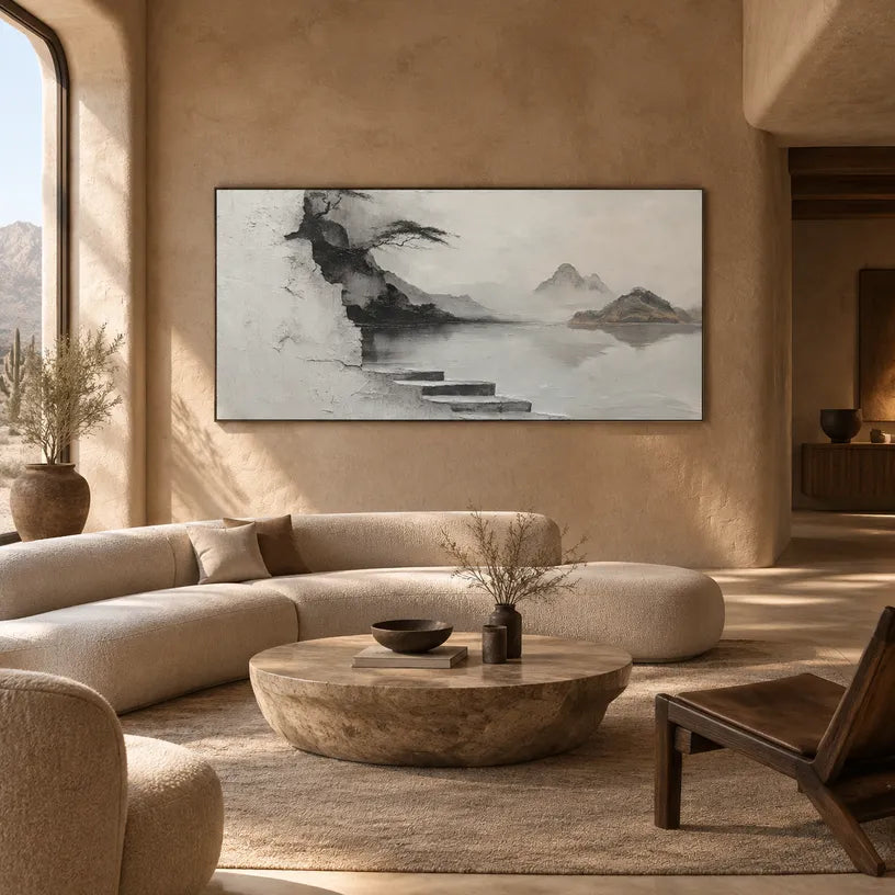 Wabi-Sabi abstract oil painting showing layered abstract marks, texture and expressive painterly movement in a grey palette.